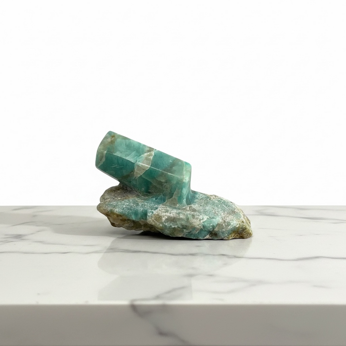 Kindred Crystal Collective — Smoky Amazonite Free Form, teal green amazonite freeform with raw matrix base and polished column.