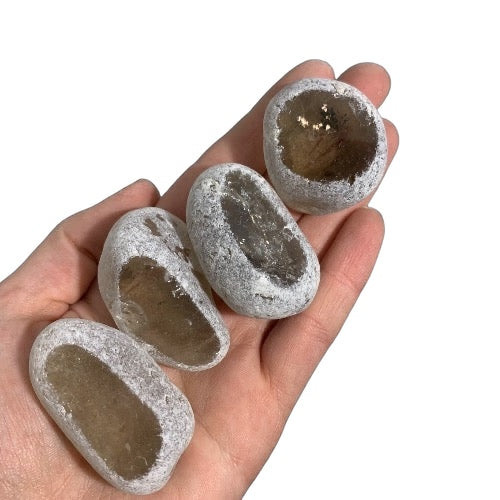 Kindred Crystal Collective — Smoky Quartz Ema Eggs 500g Bag, rounded smoky quartz stones with frosted surfaces and polished windows