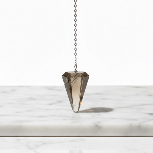 Natural smoky quartz faceted pendulum in translucent grey-brown, hanging on a silver chain