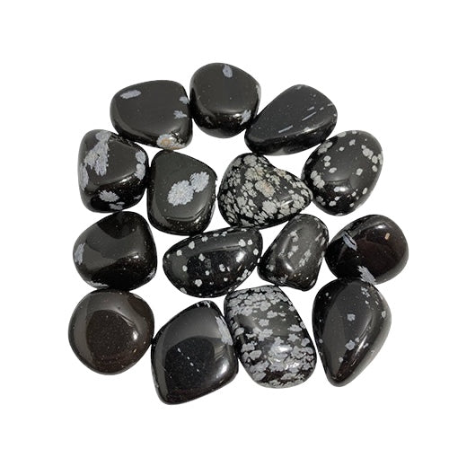Kindred Crystal Collective — Snowflake Obsidian Tumbled 2.5–3cm, black volcanic glass tumbled stone with white cristobalite snowflake patterns on white background

