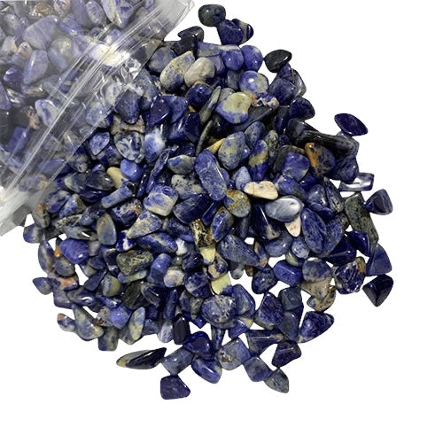 Kindred Crystal Collective — Sodalite Chips 500g, deep blue sodalite chips with white calcite veining in a clear bag on white background
