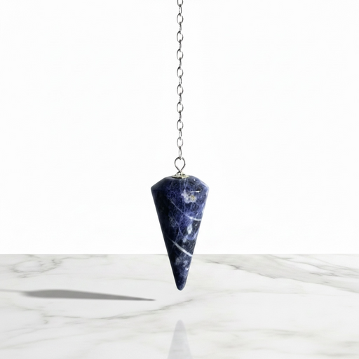 Natural sodalite faceted pendulum in deep blue with white veining, used for dowsing and third eye meditation