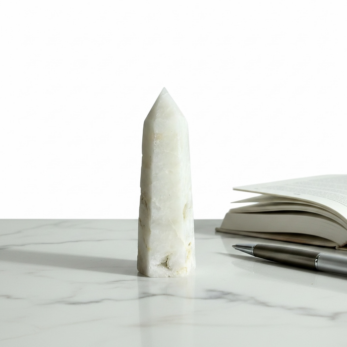 Kindred Crystal Collective — Sphalerite White Generator, polished creamy white sphalerite generator point with matte granular surface,  variant 1