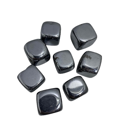 Kindred Crystal Collective - Seven Terahertz square tumbled stones with deep metallic silver-grey colouring and a high-gloss mirror-like polished finish.