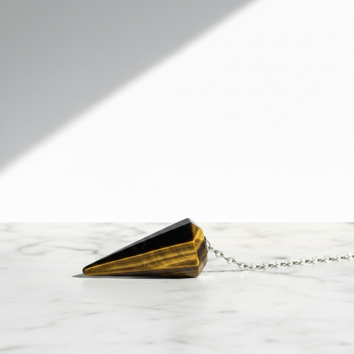 Tigers Eye Gold Pendulum crystal on white background — golden brown chatoyant stone