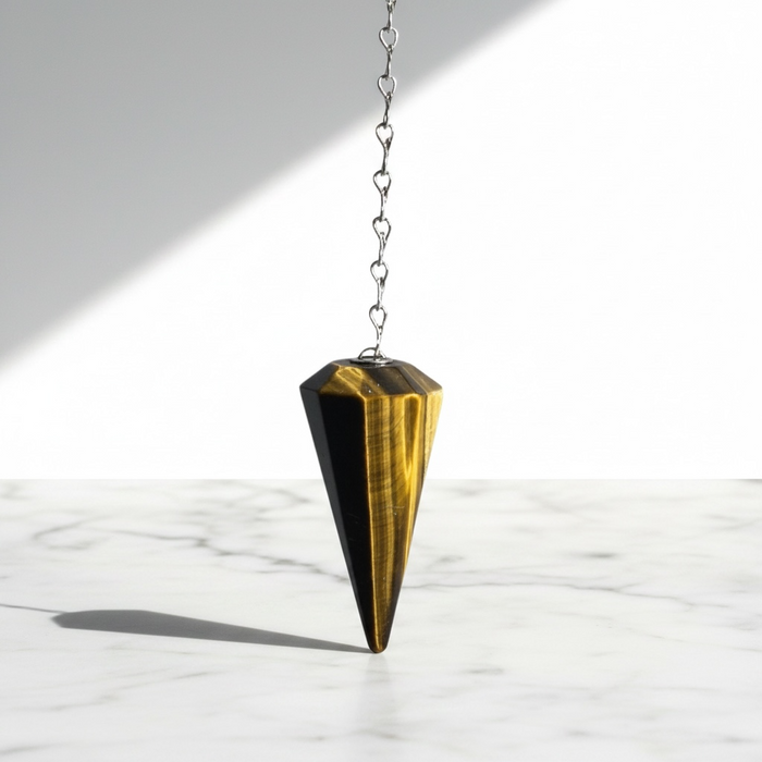 Tigers Eye Gold Pendulum crystal on white background — golden brown chatoyant stone