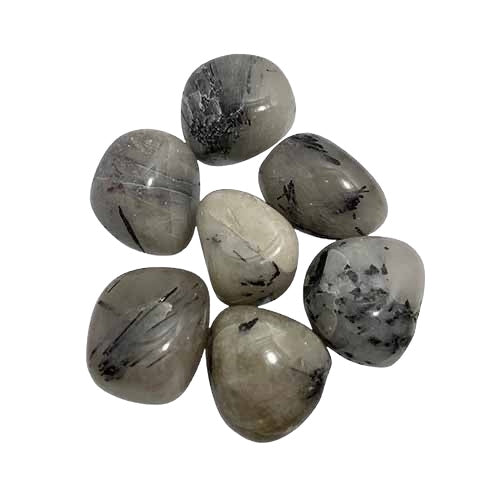 Kindred Crystal Collective — Tourmalinated Quartz Tumble Stone, clear smoky quartz with bold black tourmaline needle inclusions, 200g pack of 3–3.5cm polished tumbles