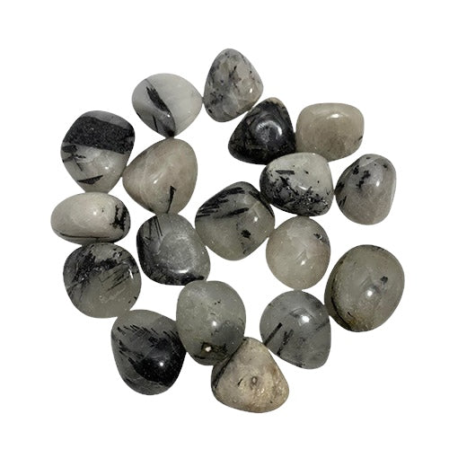 Kindred Crystal Collective — Tourmalinated Quartz Tumbled 2–2.5cm, clear quartz tumbled stone with black tourmaline needle inclusions on white background