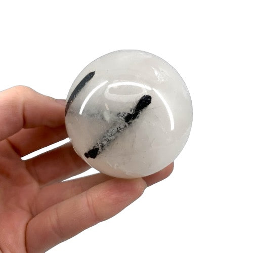 Natural tourmalinated quartz sphere 219g with black tourmaline needle inclusions in clear quartz, for protection, energy balance and third eye chakra