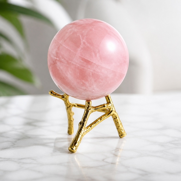 Kindred Crystal Collective — Tree Branch Metal Sphere Stand Small Gold, angled view of gold metal tree branch stand showing branching arms designed to cradle a crystal sphere