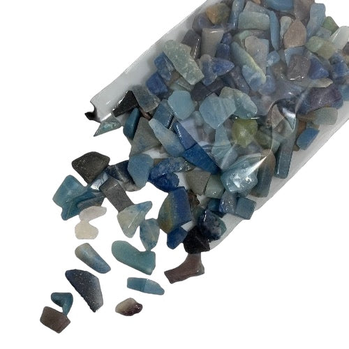 Kindred Crystal Collective — Trolleite Tumbled 1–3cm, bag of small polished blue-grey and teal trolleite chips and fragments in varied sizes spilling from clear bag on white background