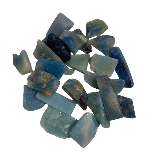Kindred Crystal Collective — Trolleite Tumbled 3.5–4.5cm, pile of large polished blue-grey and teal trolleite fragments with deep navy and golden-brown inclusions on white background