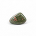 Kindred Crystal Collective — Unakite Free Form, polished rounded green stone with salmon-pink patches and fine mottled detail held in an open hand against a white background.