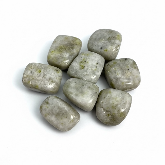 Kindred Crystal Collective — White Calcite Tumbled 2.5–3cm, soft milky white calcite tumbled stone with gentle translucency on white background