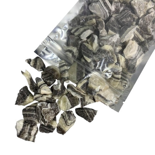Kindred Crystal Collective — Zebra Calcite Rough 1KG, larger 2–3.5cm calcite pieces with creamy white, beige and soft grey banding.