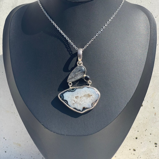 Agate Druzy with Tourmalinated Quartz and Obsidian Pendant