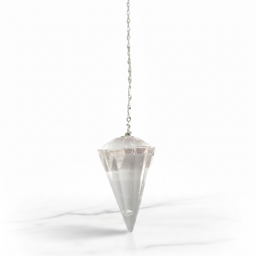 Clear Quartz Pendulum crystal on white background natural clarity and luminous finish