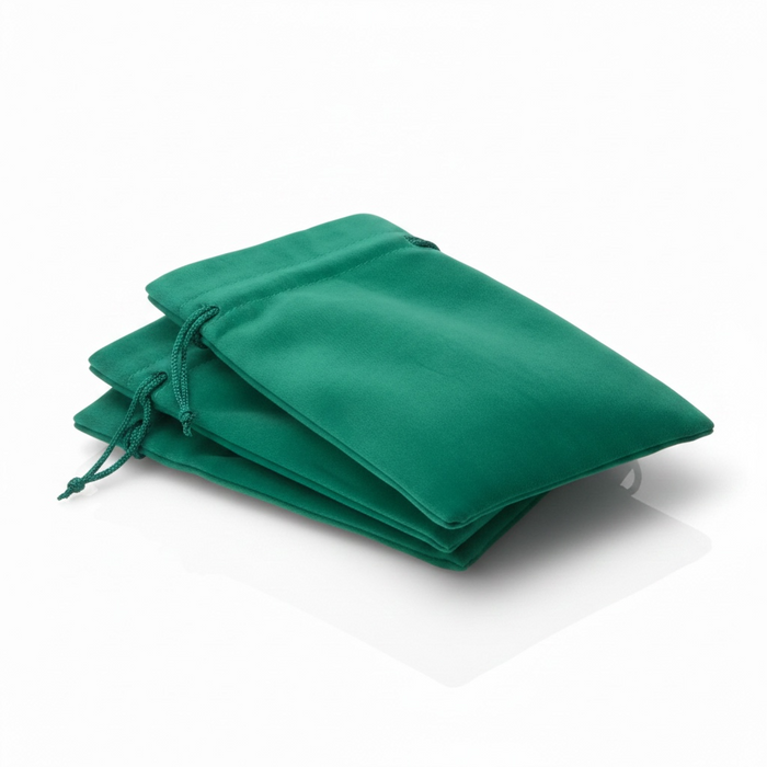Stack of emerald green drawstring bags stacked on a white background