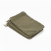 Stack of grey drawstring bags stacked on a white background