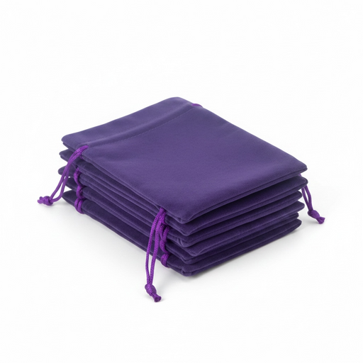 Stack of purple drawstring bags on a white background