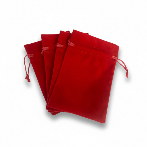 Red velvet drawstring bags on a white background