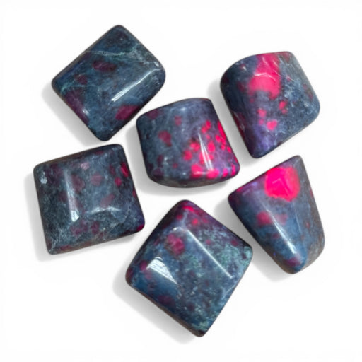 Kindred Crystal Collective — Ruby Kyanite Tumbled, deep red ruby and vivid blue kyanite natural tumbled stone on white background

