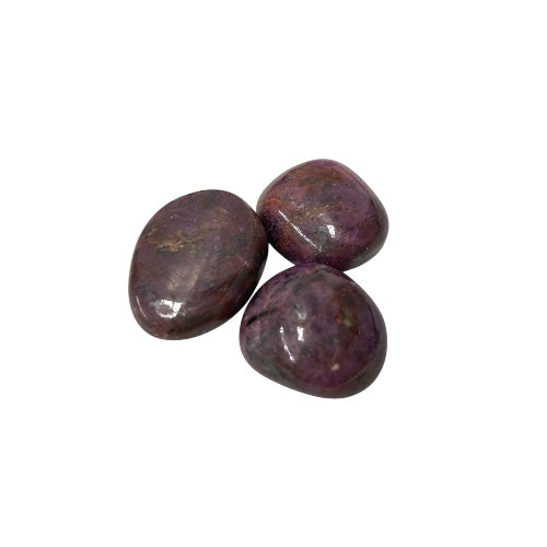 Kindred Crystal Collective — Ruby Tumbled Stones, three polished natural Ruby corundum tumbles in matrix showing deep plum-purple to dark red-brown colour with high-gloss finish, white background