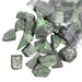 A clear plastic bag filled with rough green ruby zoisite stones of various shapes and sizes.