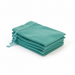 Stack of sky blue drawstring bags on a white background