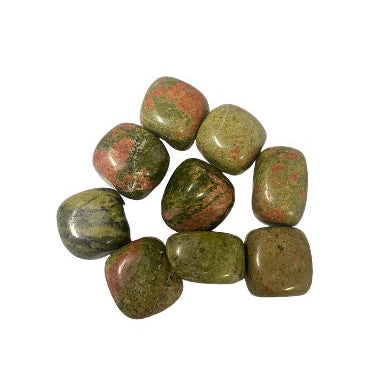 Kindred Crystal Collective — Unakite Tumbled 2–3cm, mottled olive green and blush pink unakite tumbled stone on white background
