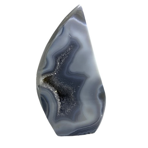 Kindred Crystal Collective — Agate Druzy Flame, polished grey banded agate flame with dark druzy cavity, variant 1 full view on white background