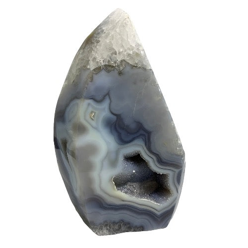 Kindred Crystal Collective — Agate Druzy Flame, polished grey and cream banded agate flame with druzy cavity, variant 2 full view on white background