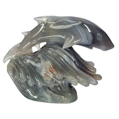 Hand-carved agate druzy shark 18.75cm in natural grey and white tones with glittering druzy surface, a bold healing crystal display piece