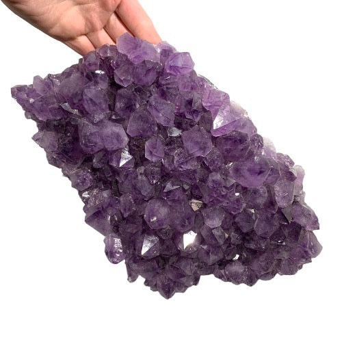 Kindred Crystal Collective — Amethyst Cluster, large natural amethyst cluster with broad flat formation of deep violet quartz points, 28.5x17cm