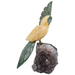 Hand-carved yellow calcite and African jasper crystal birds perched on natural amethyst cluster base, a unique healing crystal sculpture