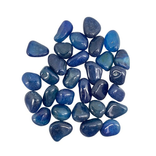 Kindred Crystal Collective — Agate Tumbled Blue 1–2cm, twenty-five polished deep cobalt to navy blue agate stones with high-gloss finish and subtle banding on white background