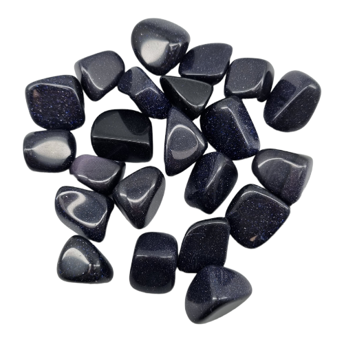 Kindred Crystal Collective — Blue Goldstone Tumbled 1.5–2cm, deep midnight blue glass tumbled stone with sparkling copper flecks on white background
