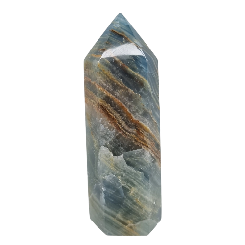 Blue onyx generator 328g with polished pointed apex and deep blue banding, a calming crystal tower for concentration and positive energy