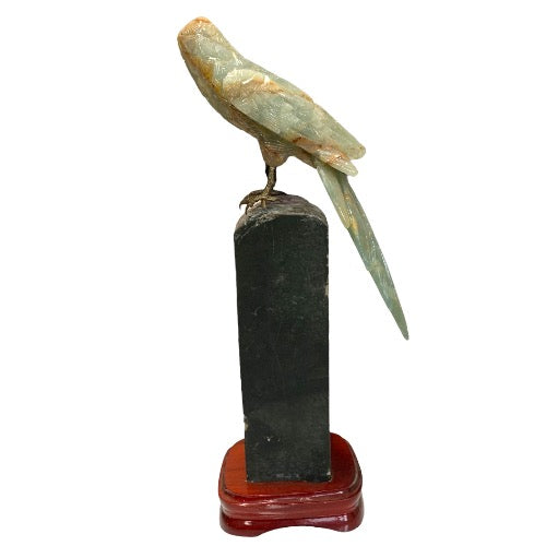 Kindred Crystal Collective — Blue Onyx Parrot on Amethyst Cluster, rear view of full carved crystal parrot sculpture on timber base
