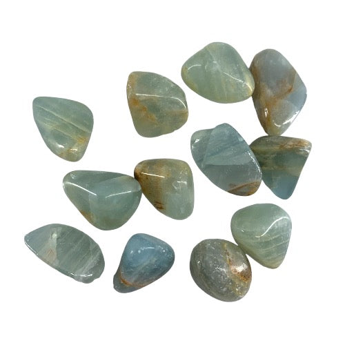 Kindred Crystal Collective — Blue Onyx Tumbled 2–3cm, twelve polished seafoam green-blue chalcedony stones with waxy translucent finish and subtle banding on white background