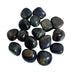 Kindred Crystal Collective — Blue Tiger Eye Tumbled 2–2.5cm, fourteen polished deep navy to dark blue-grey stones with silky chatoyant sheen and subtle golden fibrous banding on white background