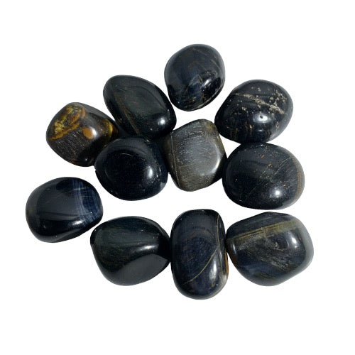 Kindred Crystal Collective — Blue Tiger Eye Tumbled 2.5–3cm, ten polished deep navy to dark blue-grey stones with silky chatoyant sheen and subtle golden fibrous banding on white background