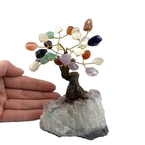 Kindred Crystal Collective - Hand holding a Chakra gem tree on Amethyst cluster base, showing size and colourful polished gemstone leaves across all seven chakras.