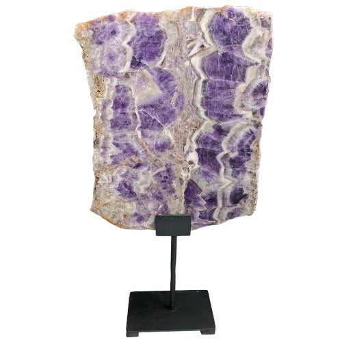 Kindred Crystal Collective — Chevron Amethyst Slab, large banded purple and white amethyst slab on black metal stand, white background