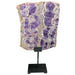 Kindred Crystal Collective — Chevron Amethyst Slab, large banded purple and white amethyst slab on black metal stand, white background