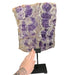 Kindred Crystal Collective — Chevron Amethyst Slab, size reference with hand showing scale of large banded amethyst slab on black stand