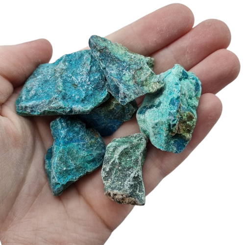 Kindred Crystal Collective — Chrysocolla Rough 500g, rich teal-blue and blue-green raw chrysocolla pieces in a clear bag on white background