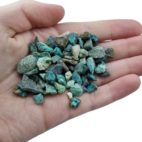 Kindred Crystal Collective — Chrysocolla Rough 500g, rich teal-blue and blue-green raw chrysocolla pieces in a clear bag on white background