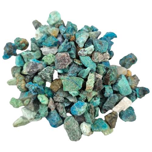 Kindred Crystal Collective — Chrysocolla Rough 500g, rich teal-blue and blue-green raw chrysocolla pieces in a clear bag on white background