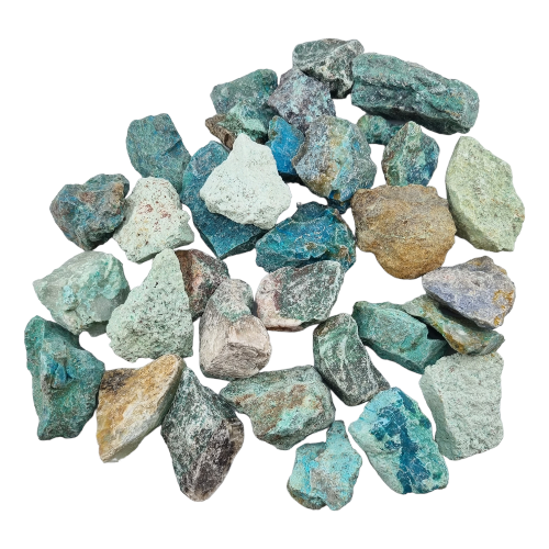 Kindred Crystal Collective — Chrysocolla Rough 500g, rich teal-blue and blue-green raw chrysocolla pieces in a clear bag on white background